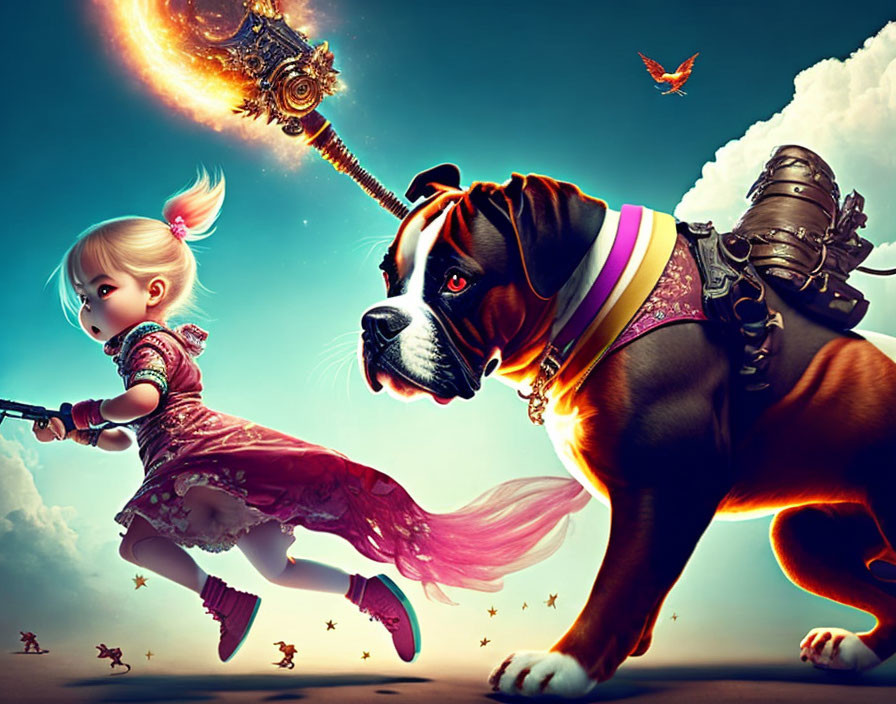 Young girl and armored dog in fantasy scene with weaponized telescope and butterflies.