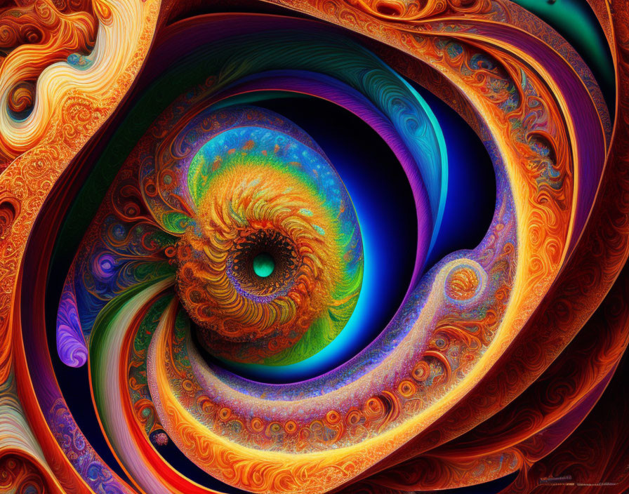 Colorful Abstract Fractal Design with Swirling Patterns in Orange, Blue, and Red