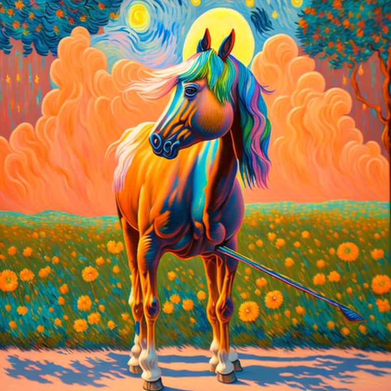 Colorful Horse Painting with Psychedelic Background and Sunflowers