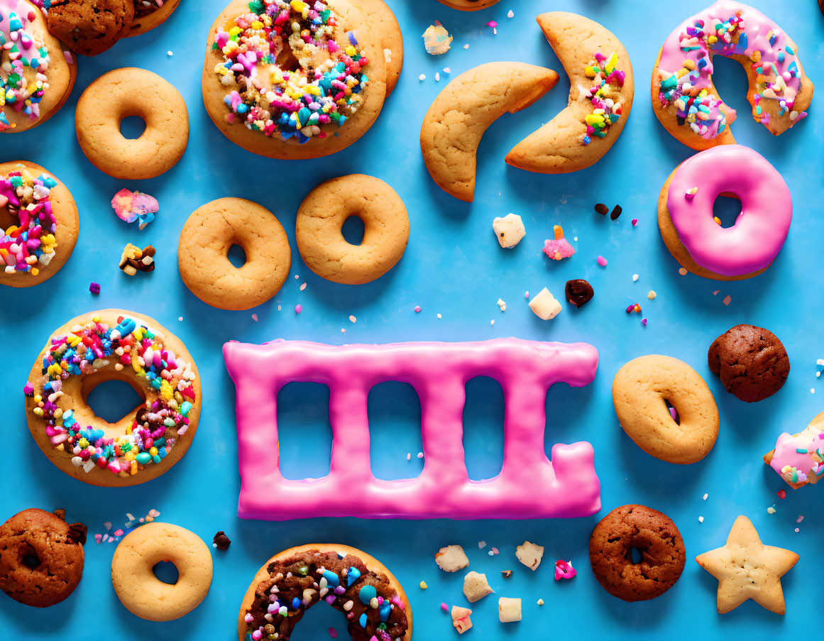 Colorful Cookies and Donuts with Sprinkles on Blue Background