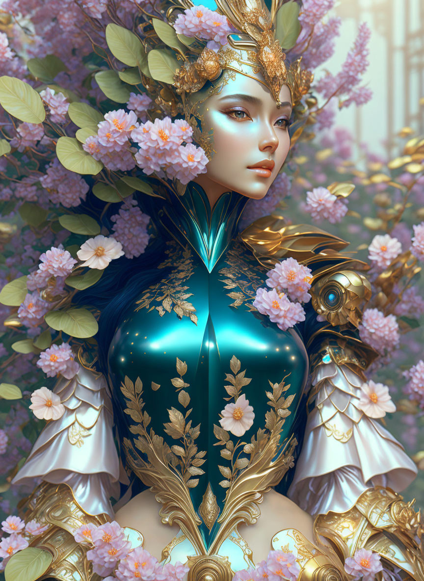 Fantasy illustration of female character in gold-trimmed armor and floral headdress.