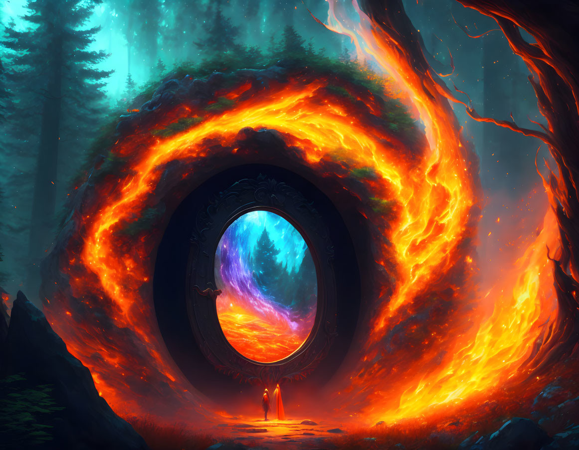 Person standing before swirling fire portal in mystical forest