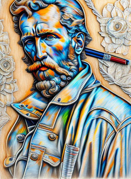 Colorful Vincent van Gogh artwork with pencil and embossed flowers.