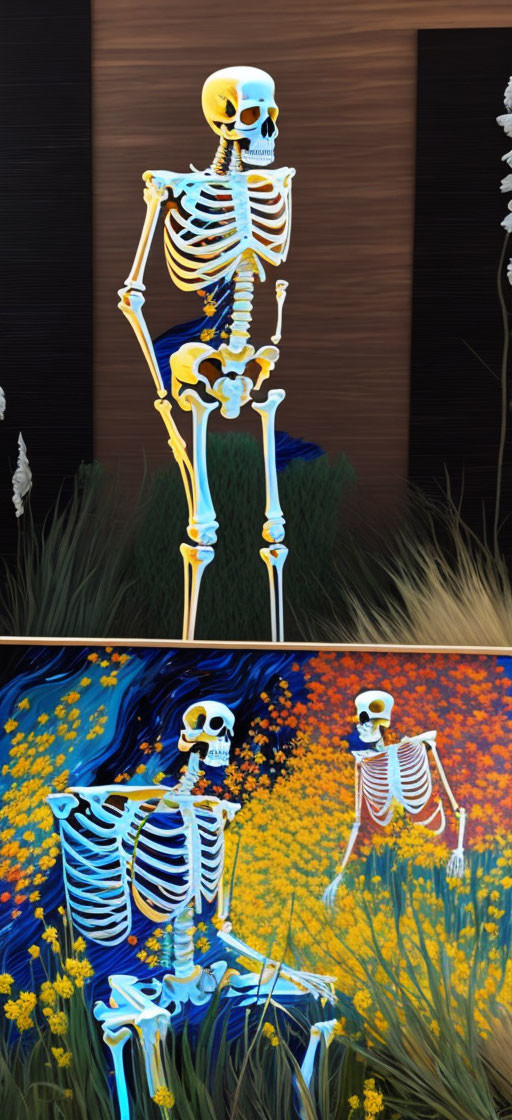 Illustration of standing skeleton on wood panel & skeletons in yellow wildflowers