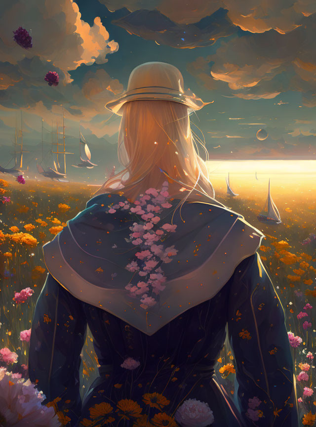 Person in hat and cloak in flower field at sunset with sailing ships and jellyfish-like creatures