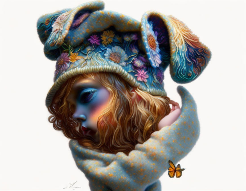 Colorful surreal illustration of person with flowing hair and whimsical butterfly-winged hat.