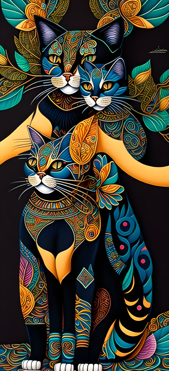 Three stylized colorful cats with intricate patterns on a black background