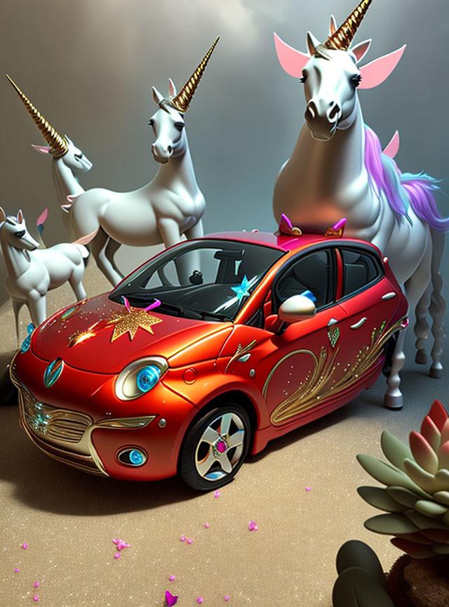 Red Car with Flamboyant Designs Surrounded by Whimsical Unicorns in Mystical Setting