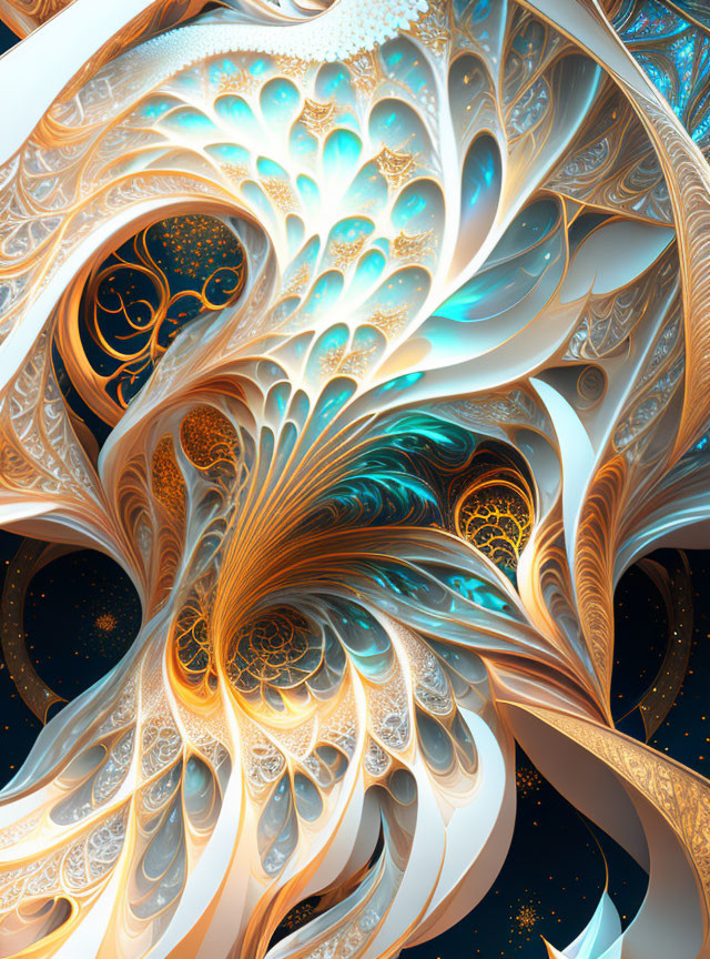 Intricate Turquoise and Gold Fractal Design on Starry Background