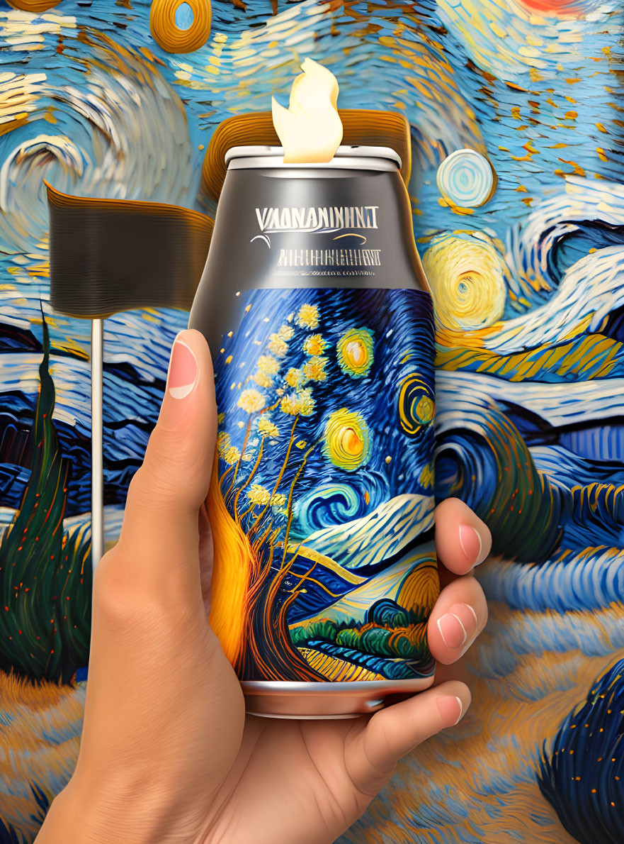 Beverage can featuring "Starry Night" design held in hand