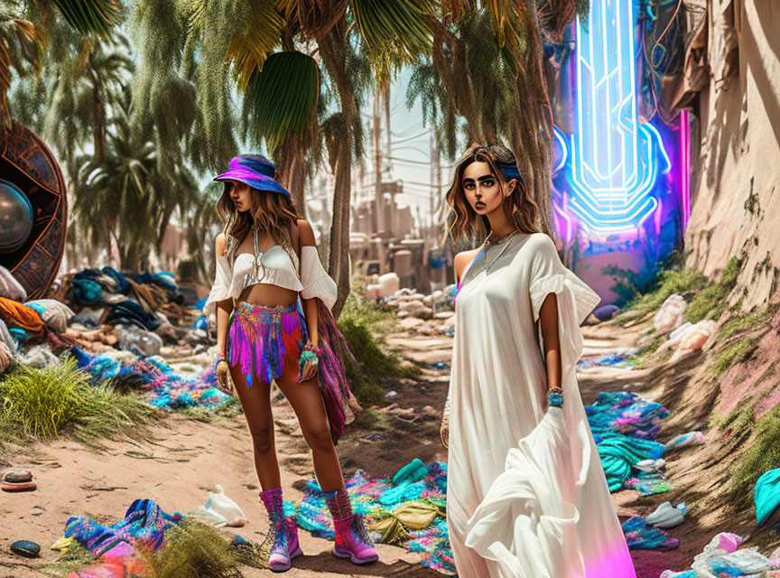 Two women in stylish outfits in colorful alley with neon lights & palm trees