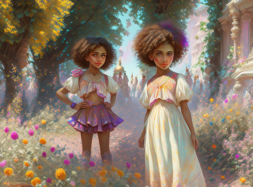 Two curly-haired girls in a sunny, tree-lined street with festive crowd.