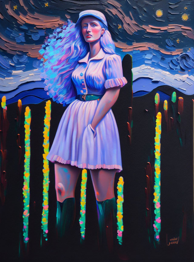 Colorful painting of woman with blue hair in flower garden at night