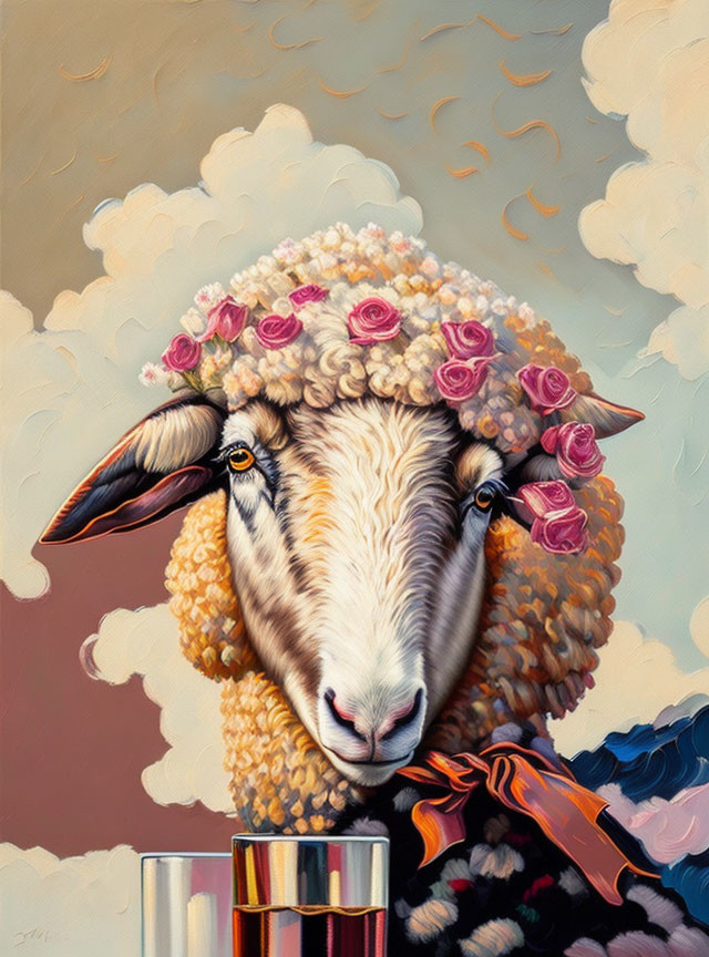 Whimsical sheep painting with pink roses and wine