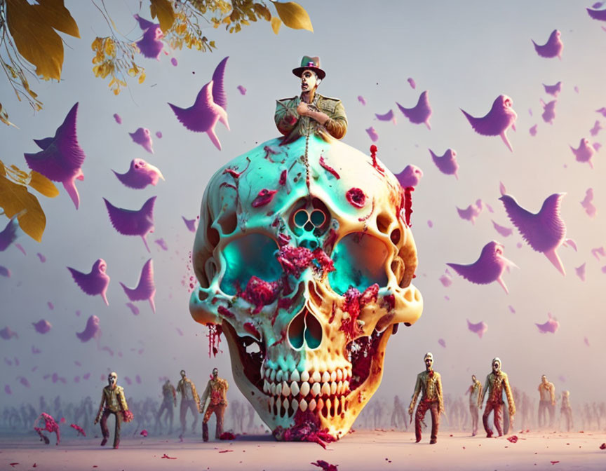 Vintage Attire Figure on Colorful Skull with Birds and Zombies