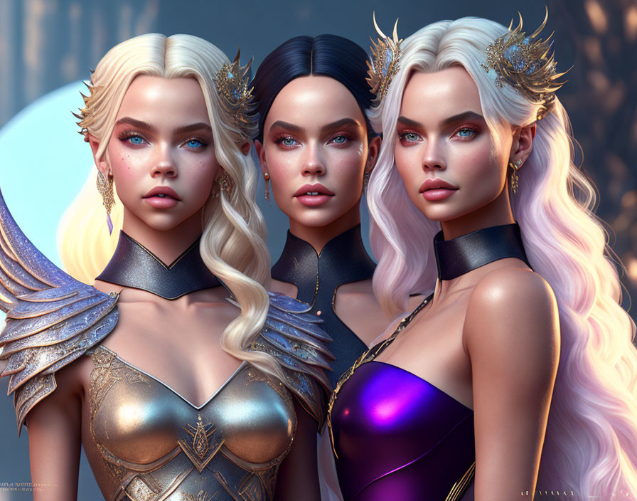 Stylized female characters with detailed armor, crowns, hairstyles, and eye colors