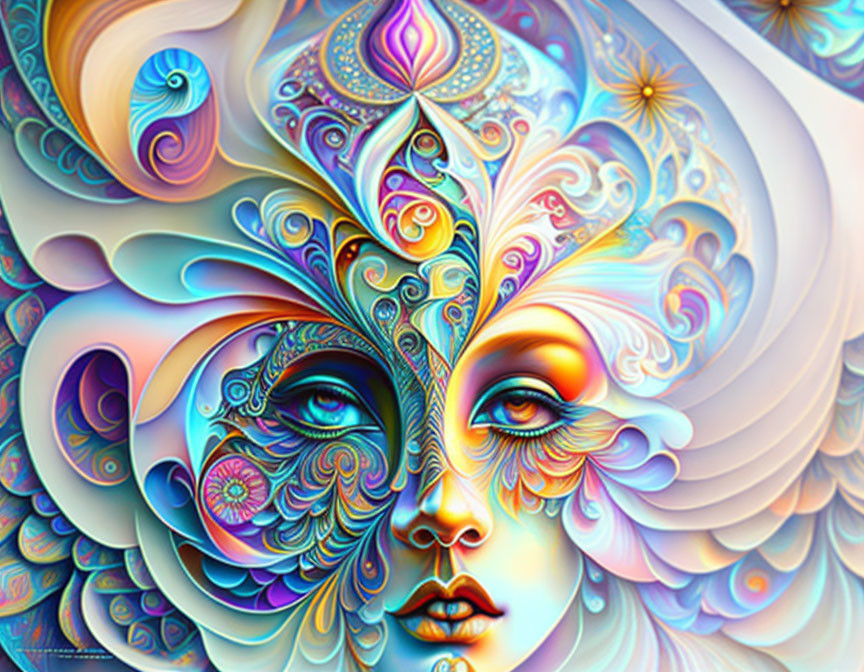 Colorful Psychedelic Digital Art: Stylized Female Face with Abstract Patterns