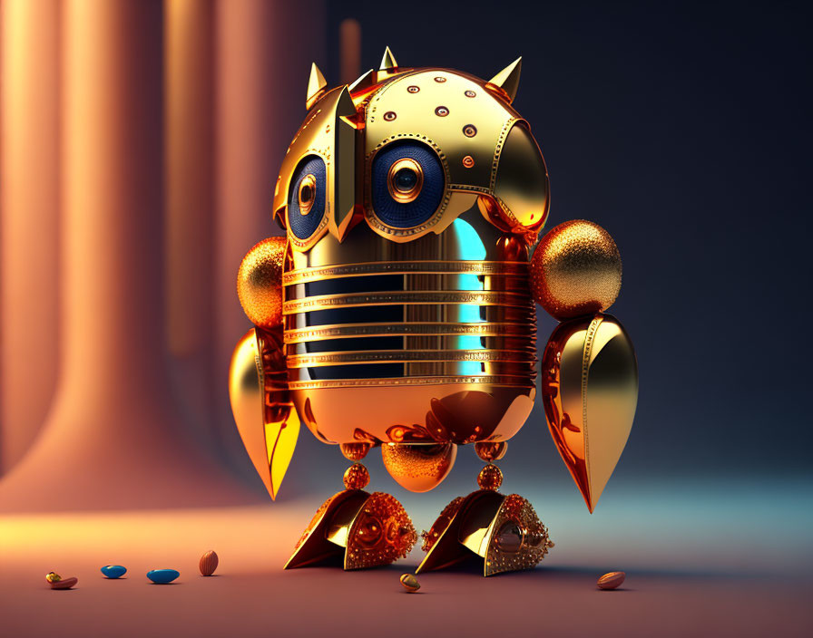 Golden robot with large eyes and crab-like pincers on orange backdrop with blue gemstones