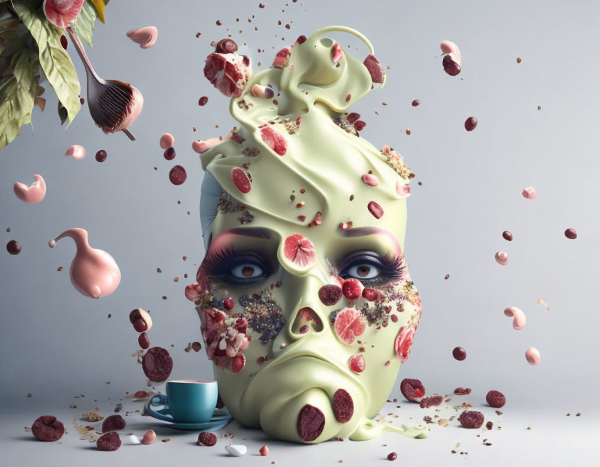 Surreal human figure with melting face among floating pink and brown confectionery items