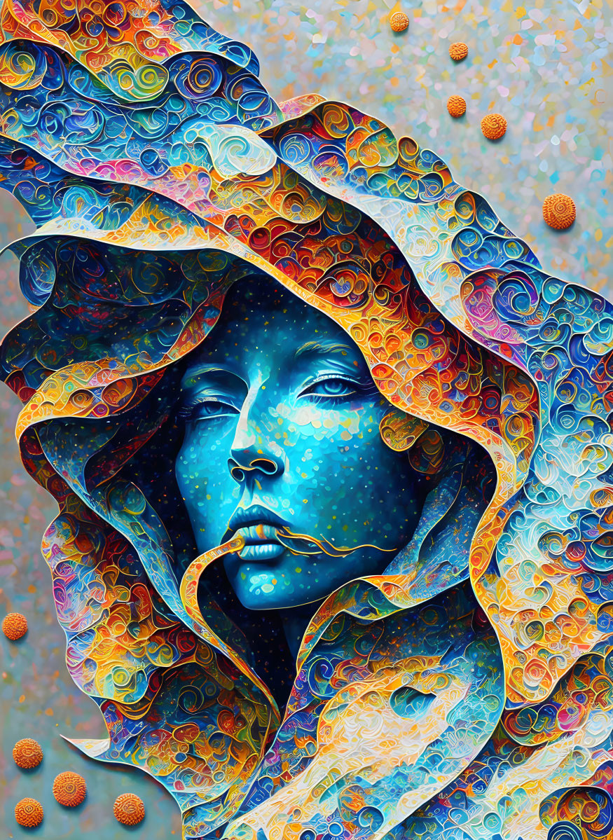 Vibrant digital artwork: Woman with cosmic overlay and wavy texture