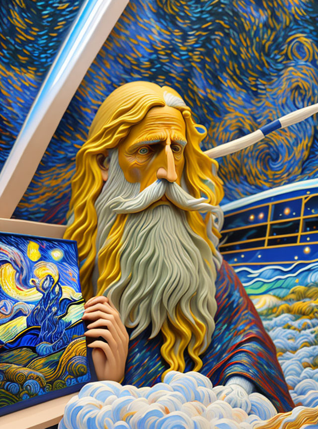 Illustrated figure with flowing beard in starry night sky scene.