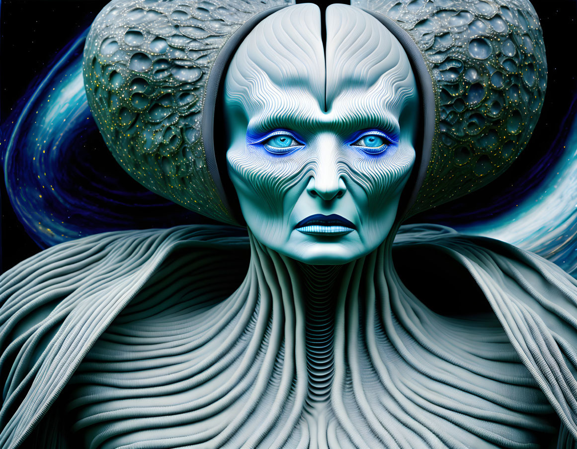 Blue-skinned alien with moon-like orbs in cosmic setting