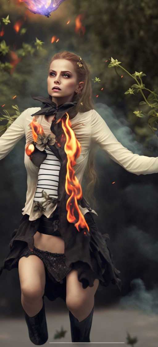 Woman with fiery hands in mystical forest wearing ruffled outfit