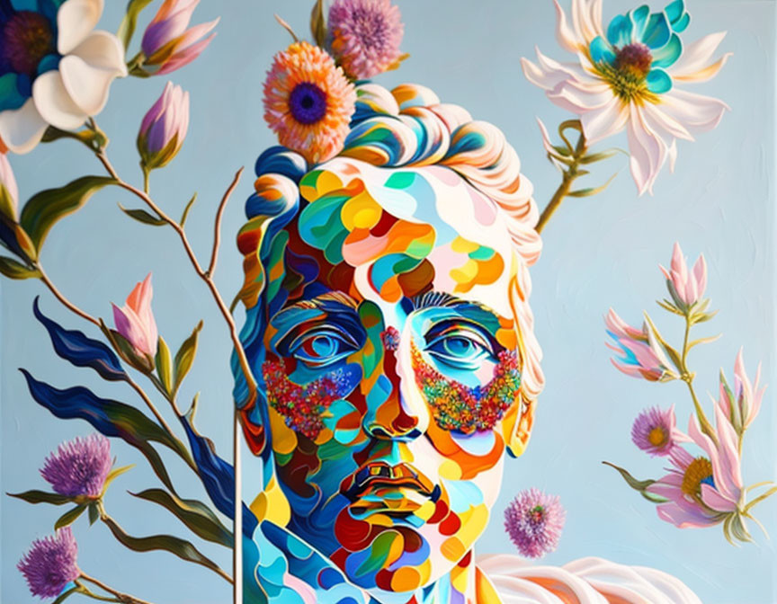 Colorful portrait with floral patterned face and blooming flowers on blue background