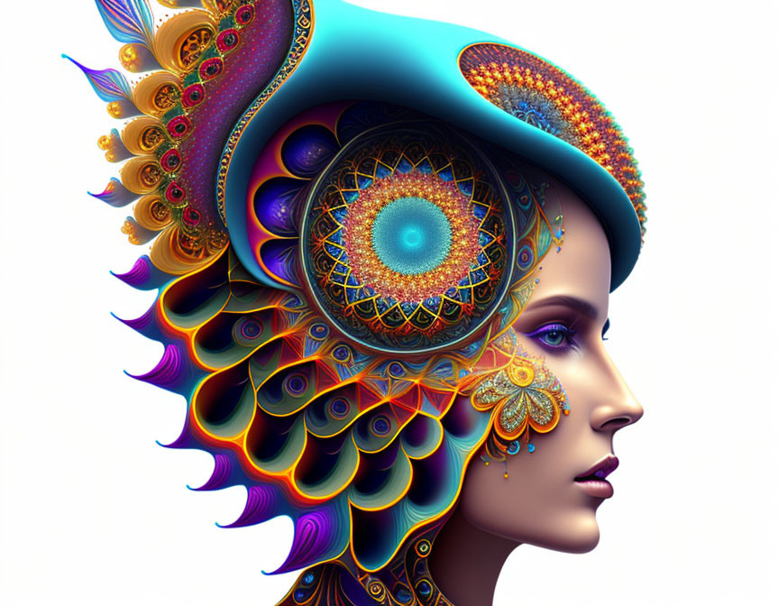 Vibrant digital artwork of a woman with intricate patterns and shapes.