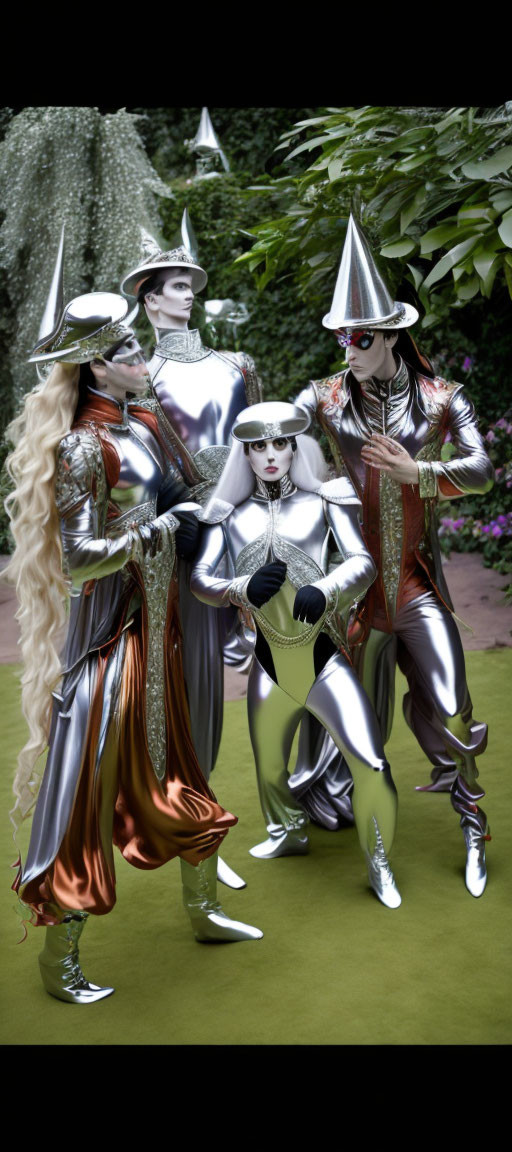 Four futuristic individuals in metallic costumes with pointed shoulder pads and conical hats in garden setting.