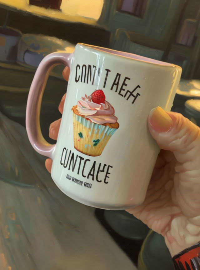 Hand holding mug with quirky text and cupcake design