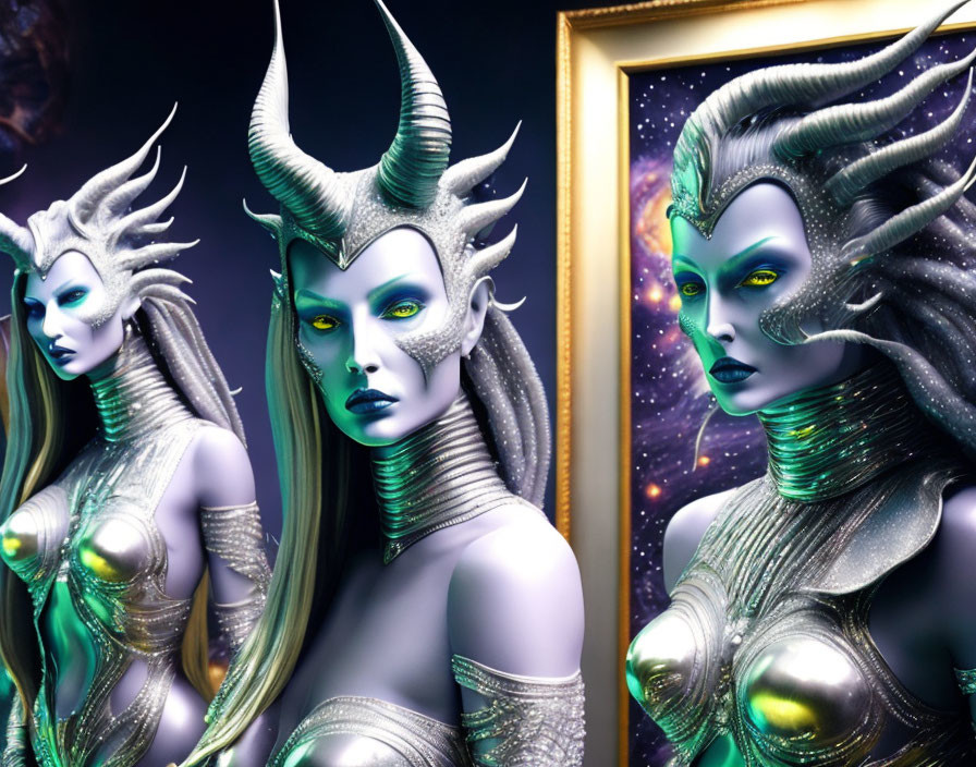 Fantasy female characters with green skin, horned headdresses, and futuristic armor in cosmic scene