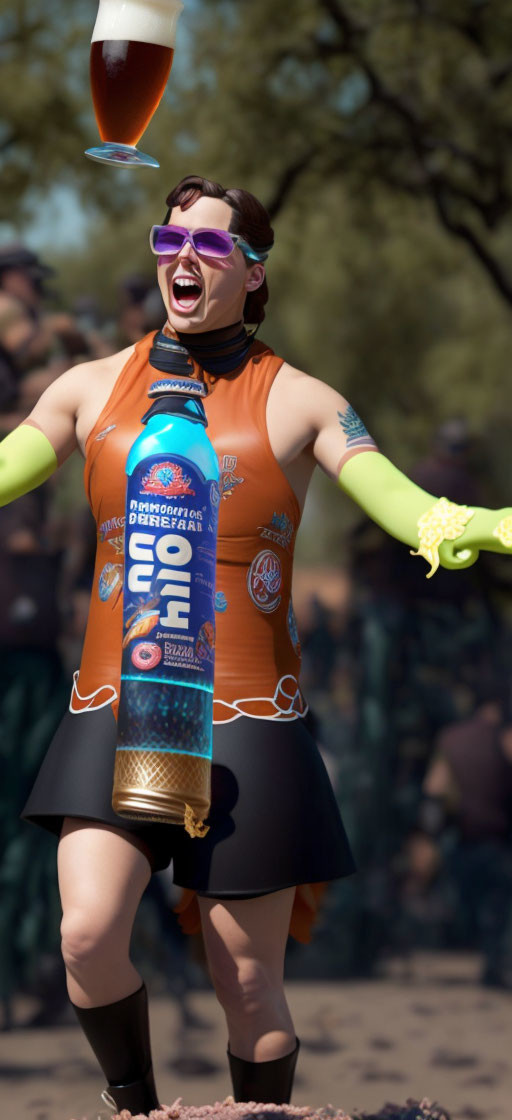 Vibrant orange and blue outfit with funky glasses and neon gloves balancing a beer on head