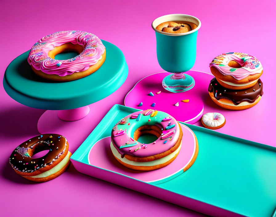 Vibrant Donuts and Coffee on Pink Background