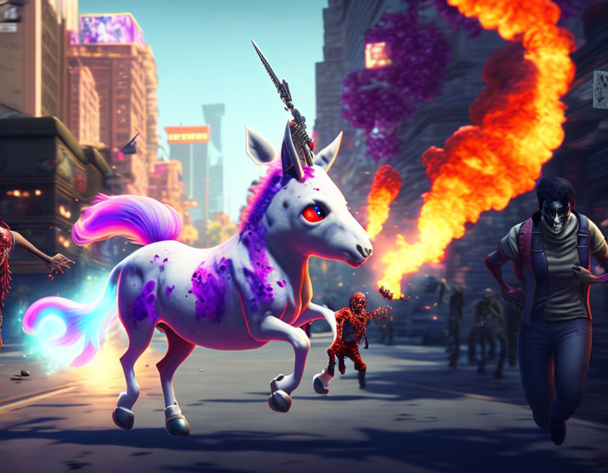 Purple-Maned Unicorn Breathing Fire in Chaotic Cityscape