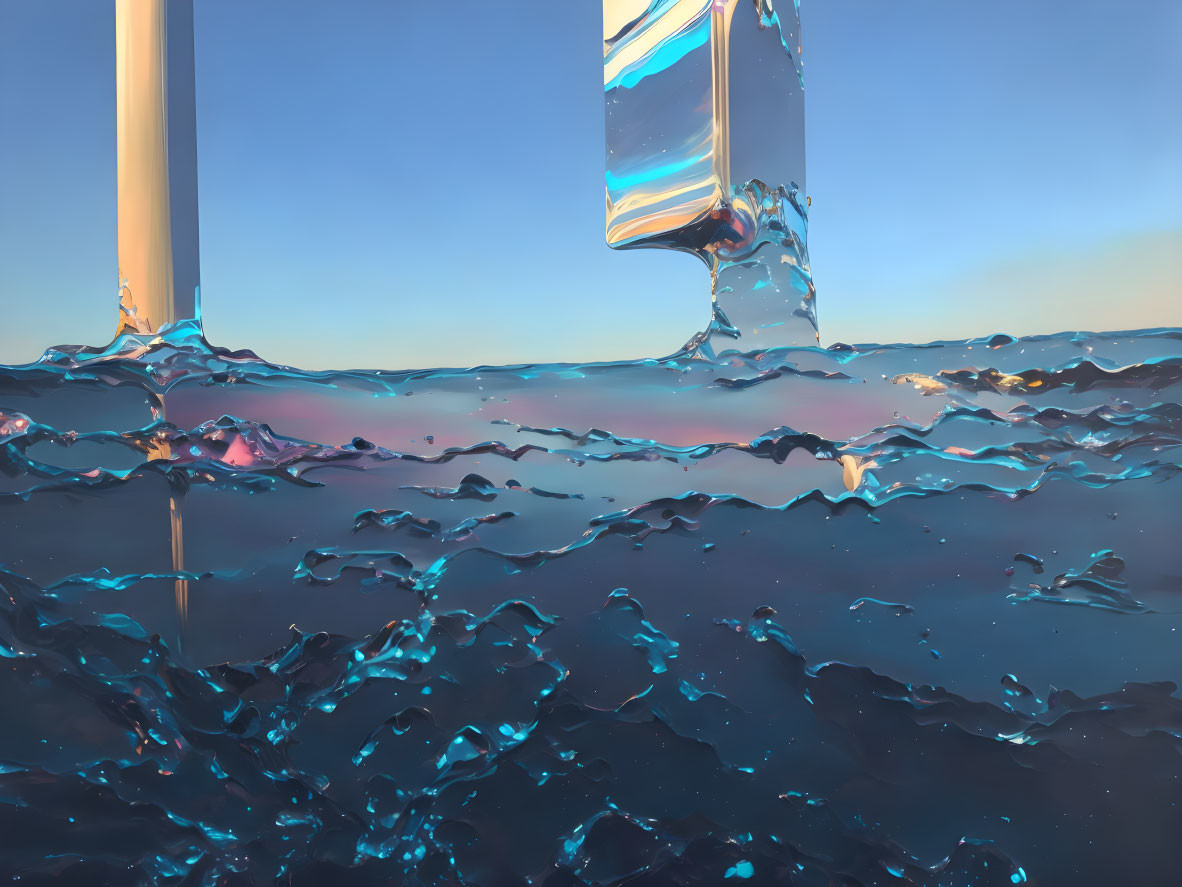 Surreal liquid landscape with choppy waters and distorted reflections