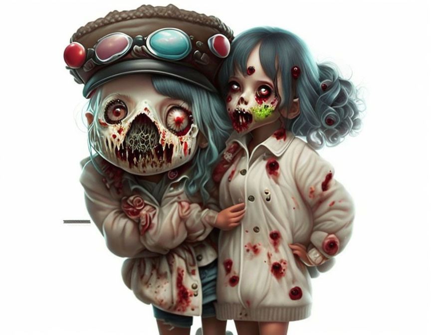 Stylized animated characters with skull face and aviator cap, and blue hair with bloodstains