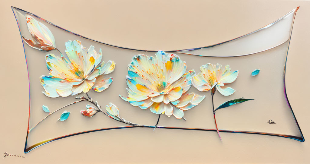 Vibrant surreal flowers on elongated canvas with 3D effect