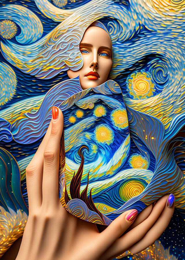 Surreal image: Woman's face merges with "Starry Night" in artistic fusion