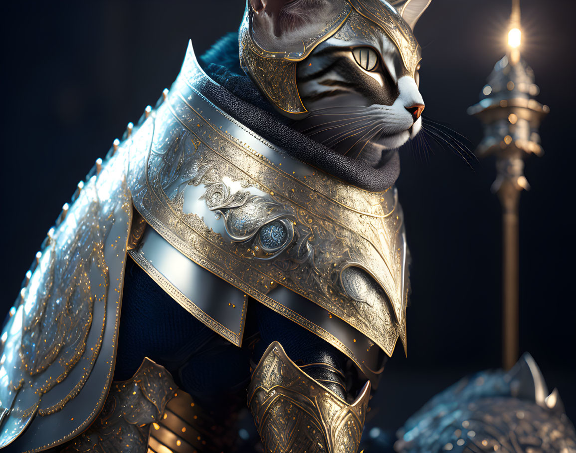 Cat in Knight Armor with Intricate Patterns and Glowing Elements