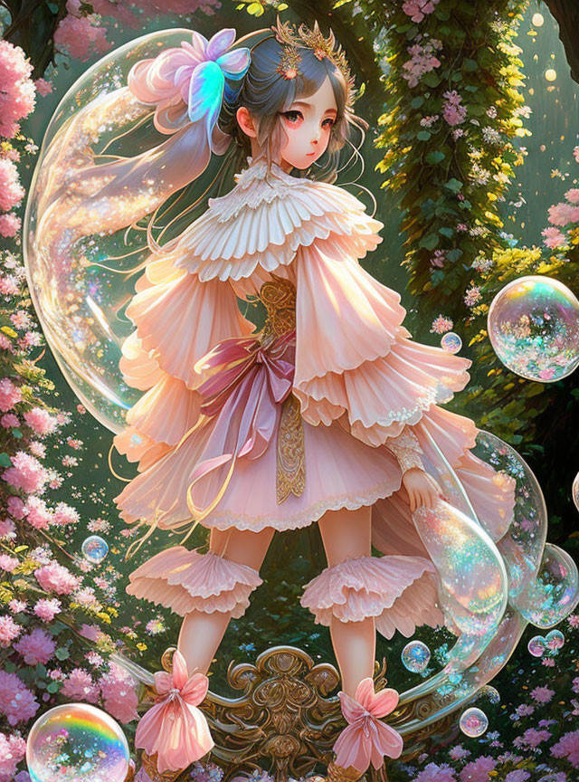 Animated girl in pink gown surrounded by blossoming trees and bubbles