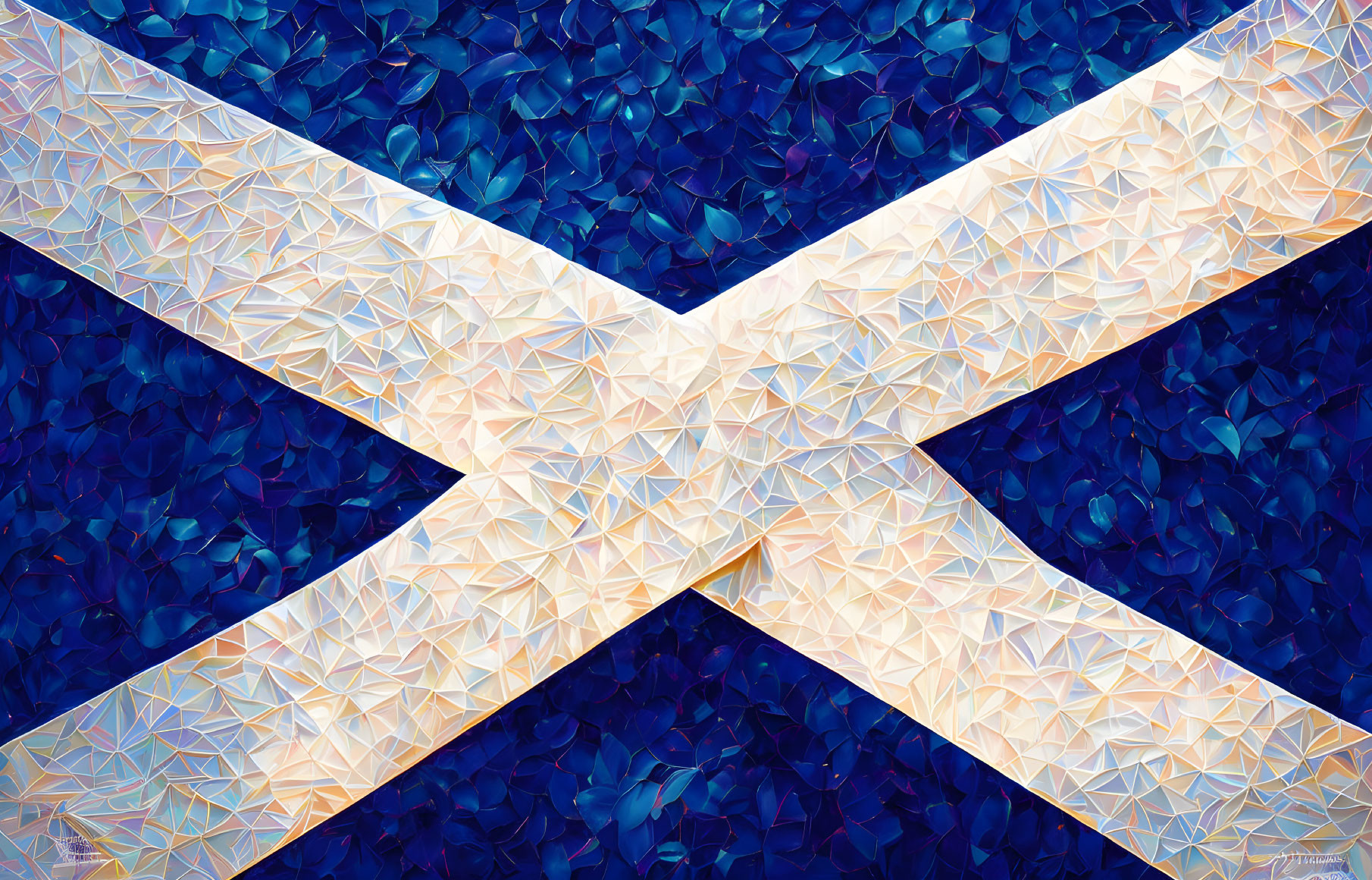 Geometric Scottish flag with white cross on blue polygon.