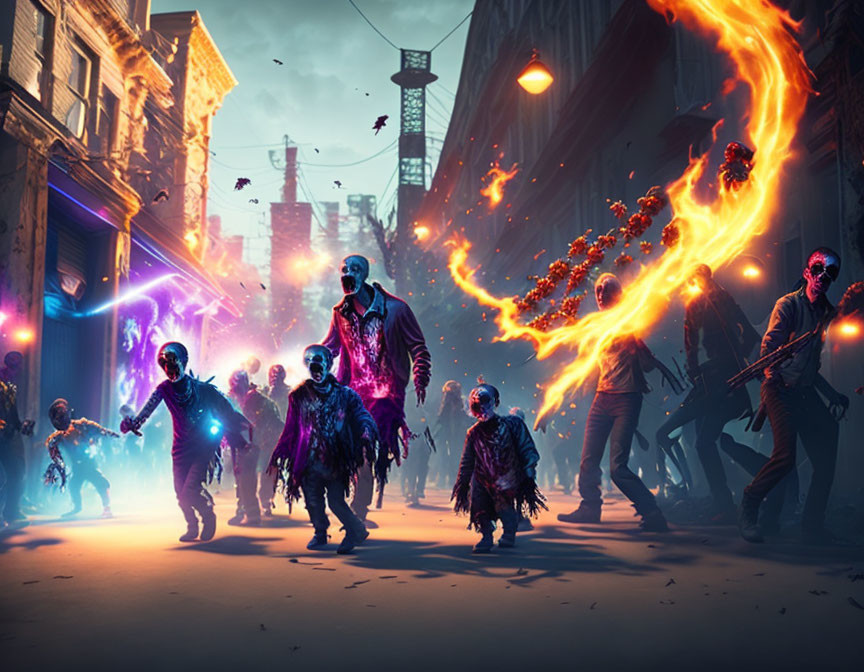 Zombies walking in city chaos with fiery supernatural effects