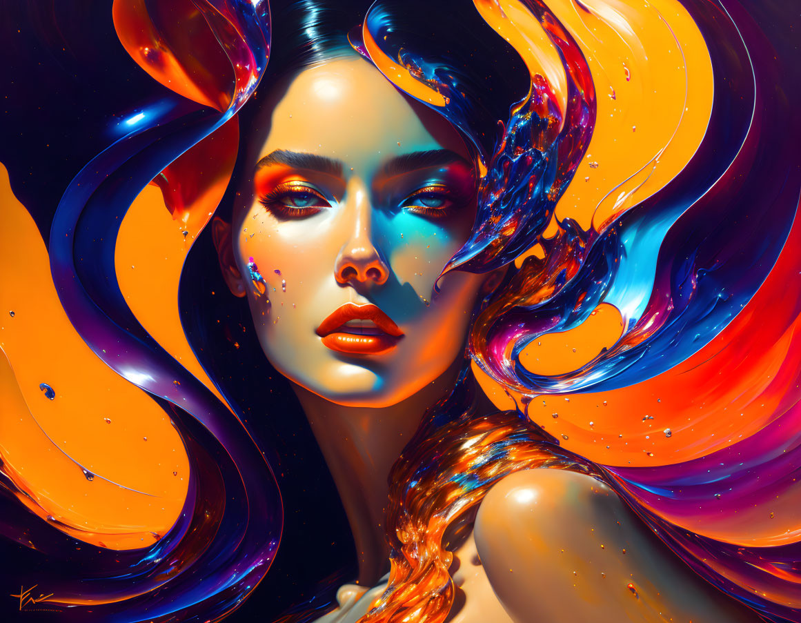 Colorful digital artwork of woman's face with swirling liquid shapes