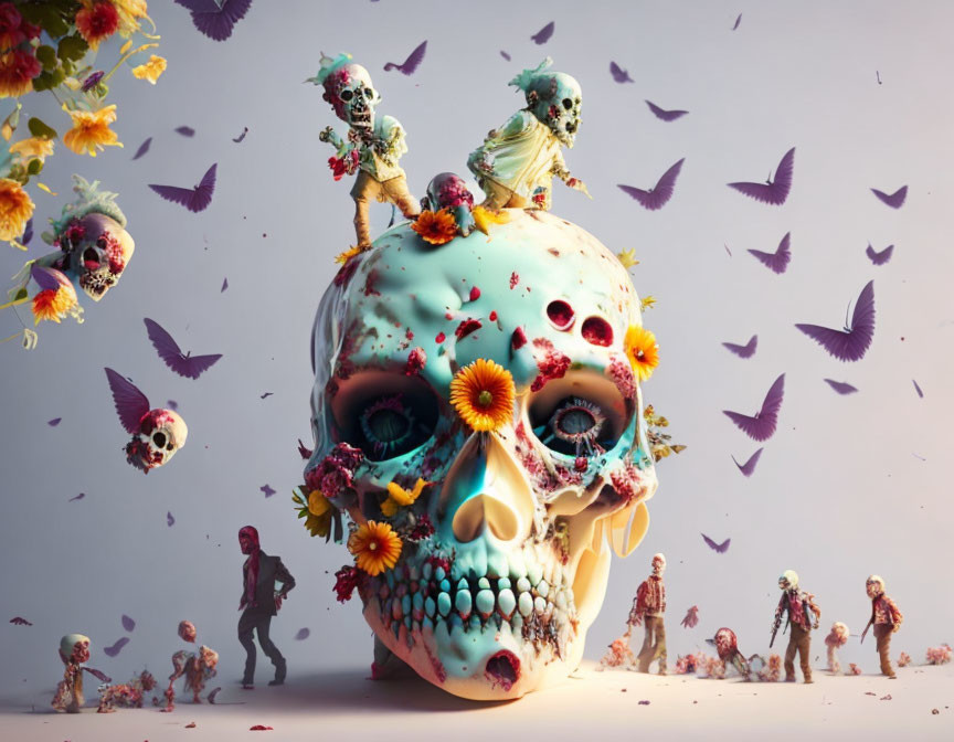 Large Turquoise Skull with Flowers, Butterflies, Skeletons, and Zombies in Surreal Scene