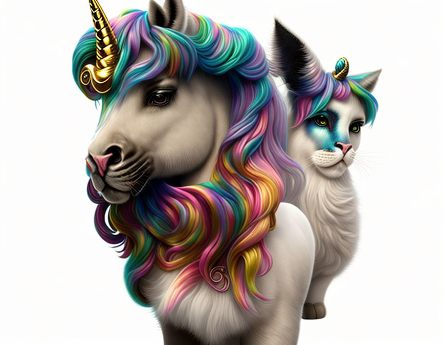 Fantasy illustration of unicorn and cat with rainbow designs