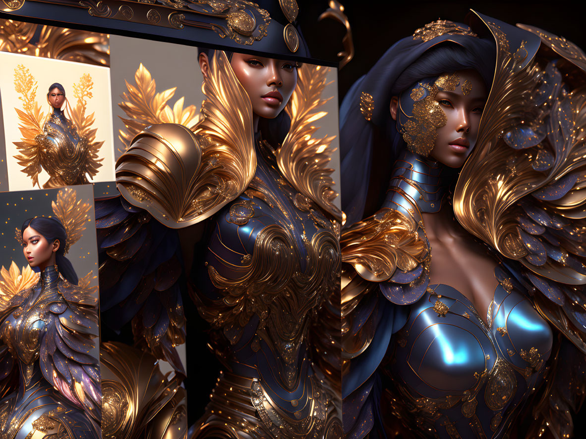 Luxurious Golden Armor Collage with Feather Embellishments