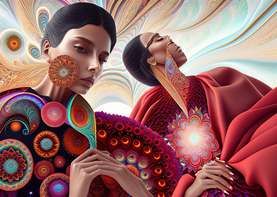 Two Women in Red Attire with Intricate Mandala Patterns