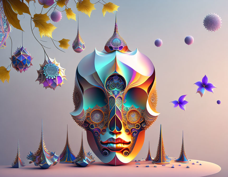 Colorful Digital Art: Stylized Mask with Geometric Shapes and Foliage