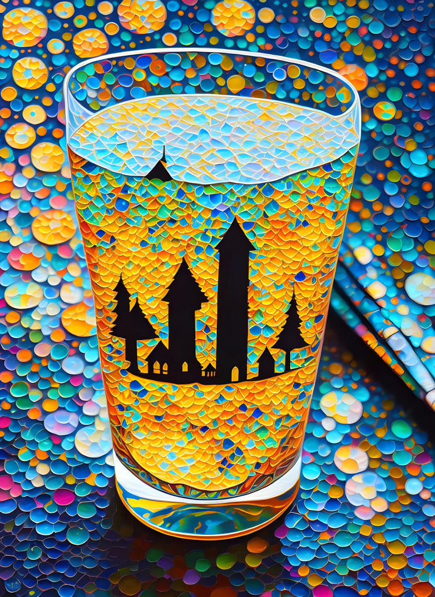 Colorful Mosaic Glass with Building Silhouette on Bokeh Background